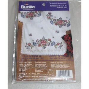 Bucilla 65395 Lace Floral Garland Dresser Scarf & Doily Set Opened Extras Inside